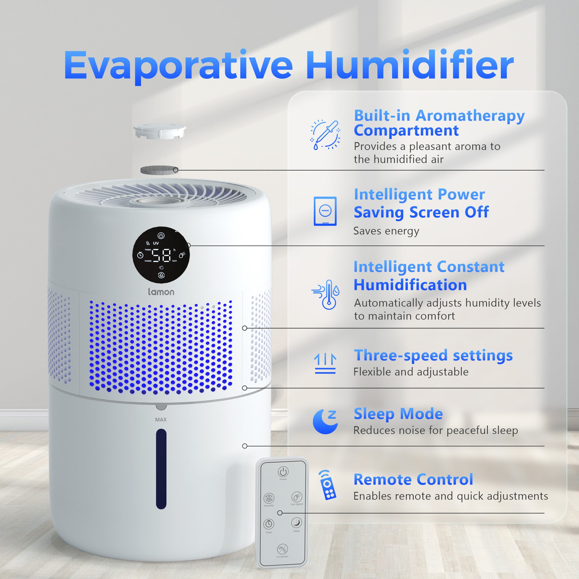 Lamon® MistZero S Evaporative Humidifier with 𝐔𝐕 & 𝐀𝐧𝐢𝐨𝐧 & Ag+，4.5L,400ml/H