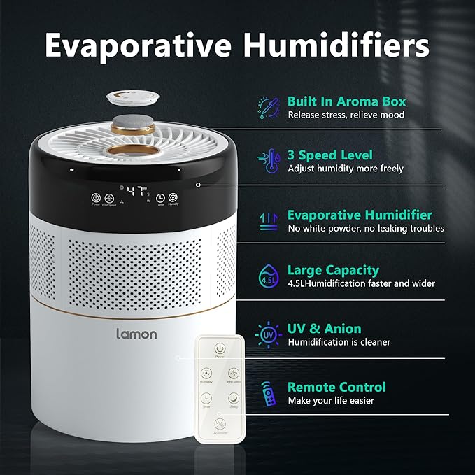 Lamon® MistZero Evaporative Humidifier with 𝐔𝐕 & 𝐀𝐧𝐢𝐨𝐧 & Ag+，4.5L,400ml/H