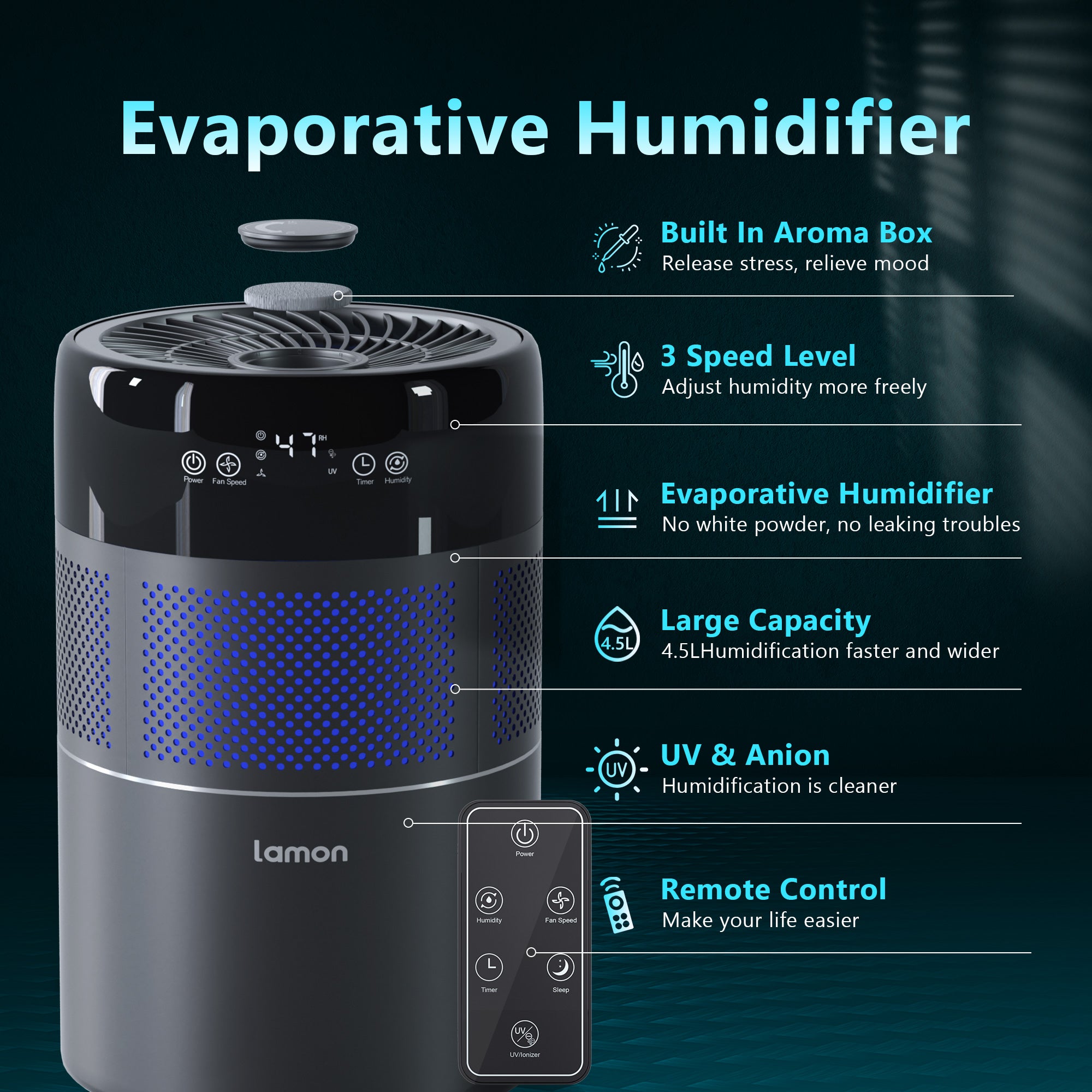 WaterFirst_Lamon Series Humidifiers for Bedroom, 400ML/H Rapid Evapora